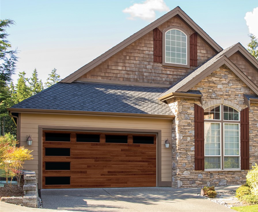 Classic Steel Garage Doors, Model 8300A, Medium Oak Plank Wood Grain Finish, Horizontala & Verticial Clear IV Window Wayne Dalton Garage Doors & Services, Windsor, Tecumseh, ON