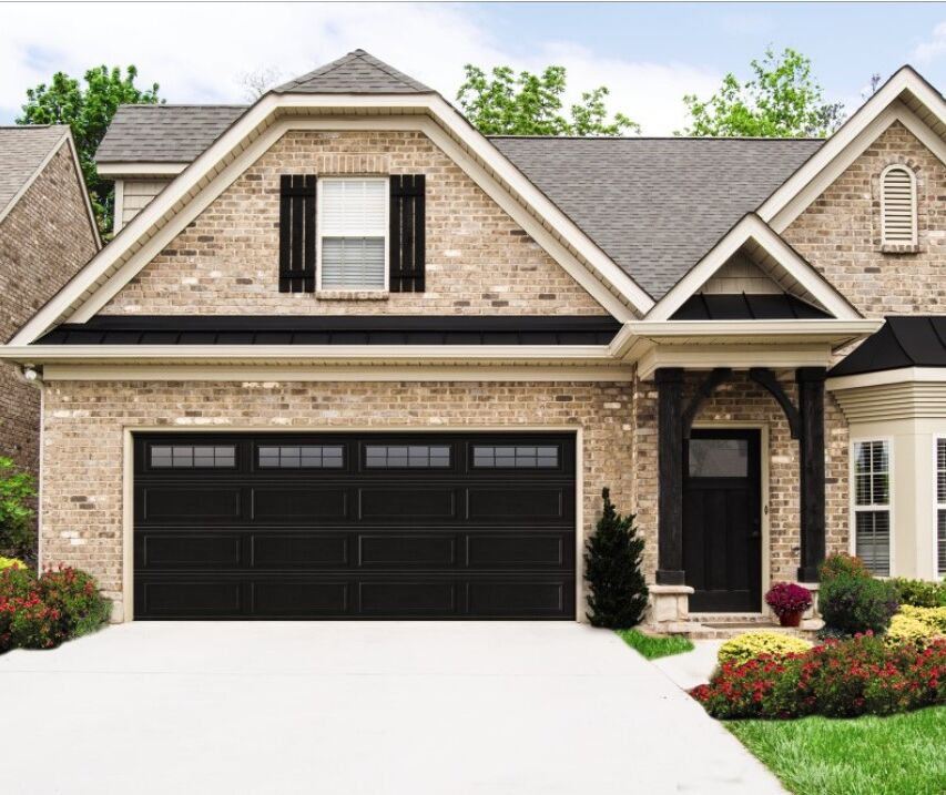 Classic Steel Garage Doors, Model 8300A, Medium Oak Plank Wood Grain Finish, Horizontala & Verticial Clear IV Windows
